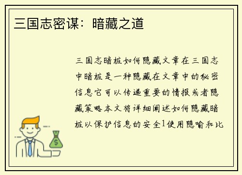 三国志密谋：暗藏之道